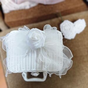 Nwot White Wicker Baskets with Floral And Pearl Accents